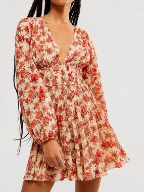 FREE PEOPLE Boho Fit & Flare Floral Mini Dress - Size XS - Balloon Sleeve - NWT